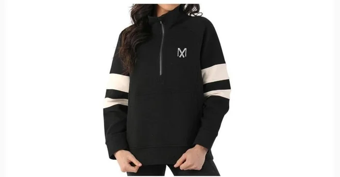 Prodigious Scuba pullover in black with oat milk stripes